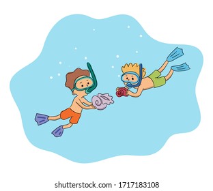 Children in swimsuits diving in sea and having fun. Happy kids snorkeling in ocean and taking photos with shell animals. Water games and recreation. Underwater world exploration. Vector illustration