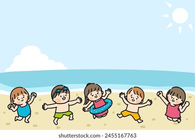 Children in swimsuits jumping in the sea.