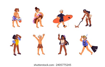 Children in swimsuits set. Happy kid diving, surfing. Girl with swimming inflatable circle. Child plays with crab on beach. Boy rejoices to summer vacation. Flat isolated vector illustration on white