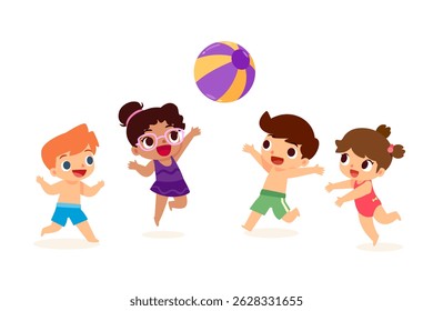 Children in swimwear playing beach ball on summer holiday.