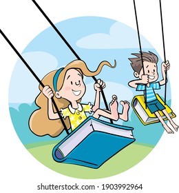 children swing on swings from books