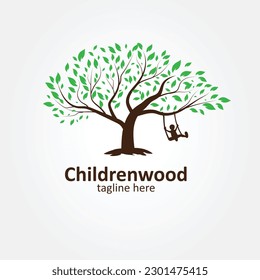 children swing with tree vector logo, happy, growth, green, background