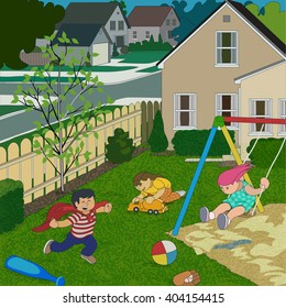 Children swinging, running and playing in the back yard of a house. Toys lay around the picket fence enclosed yard. Behind is a suburban street scene.