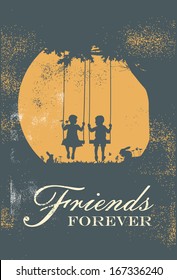 Children swinging with text friends forever, vector