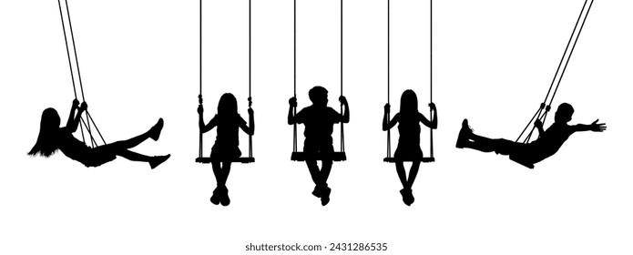 Children swinging together on white background vector silhouette.	