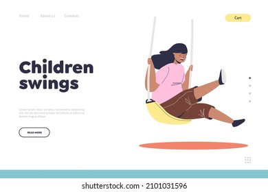 Children swings concept of landing page with cute funny girl kid playing on swing. Happy child enjoy outdoor activity on playground. Childhood and entertainment. Cartoon flat vector illustration