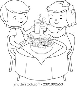 Children at the table eating healthy food. Kids eating at a restaurant a bowl of salad. Vector black and white coloring page.