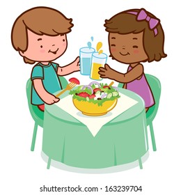 Children at the table eating a healthy salad and drinking water and juice. Vector illustration