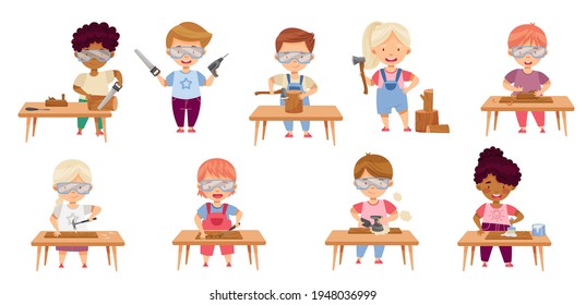 Children at Table Woodworking Making Items from Wood Vector Set