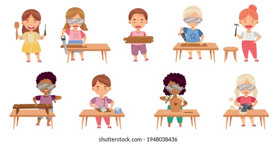 Children at Table Woodworking Making Items from Wood Vector Set