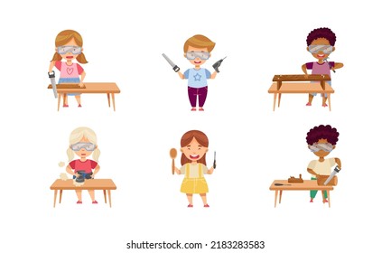 Children at Table Woodworking Making Items from Wood Vector Set