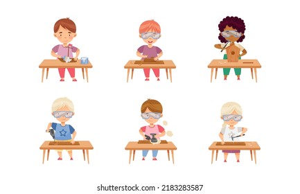 Children at Table Woodworking Making Items from Wood Vector Set