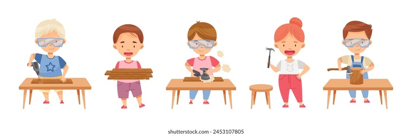 Children at Table Woodworking Making Items from Wood Vector Set