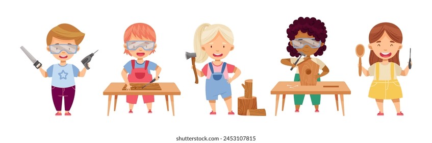 Children at Table Woodworking Making Items from Wood Vector Set