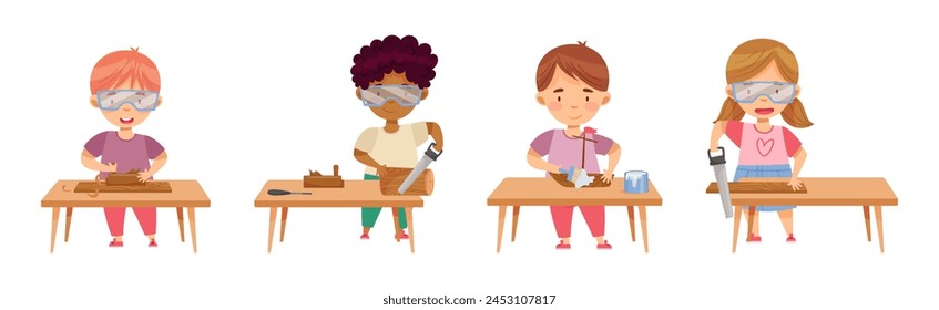 Children at Table Woodworking Making Items from Wood Vector Set
