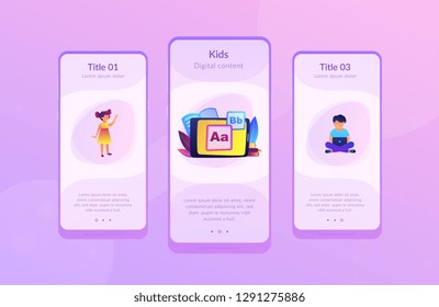 Niños en tablet y con laptop con aplicación de alfabeto amigable para niños. Contenido digital infantil, medios amigables para los niños, concepto de aplicaciones para niños. Plantilla de interfaz de usuario de usuario de Mobile UX GUI, wireframe de interfaz de aplicación