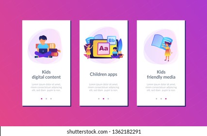 Children at tablet and with laptop using kids friendly alphabet application. Kids digital content, kids friendly media, children apps concept. Mobile UI UX GUI template, app interface wireframe