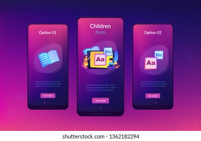 Children at tablet and with laptop using kids friendly alphabet application. Kids digital content, kids friendly media, children apps concept. Mobile UI UX GUI template, app interface wireframe