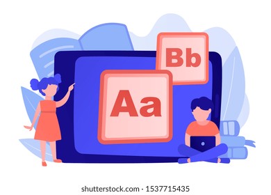 Children at tablet and with laptop using kids friendly alphabet application. Kids digital content, kids friendly media, children apps concept. Pinkish coral bluevector isolated illustration