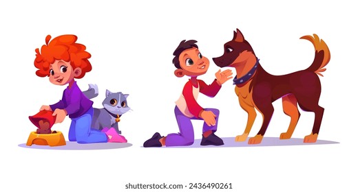 Los niños cuidan de sus mascotas. Conjunto de ilustración vectorial de dibujos animados de amistad entre niños felices y animales domésticos - niña vierte la comida en el tazón del gato, niño entrena al perro. Niño pequeño jugar con mascota.