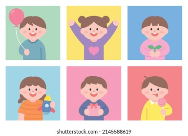 The children take pictures with excited faces. Profile illustration of characters.