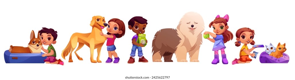 Children taking care of pets on white background. Vector cartoon illustration of scenes with little girls and boys hugging, feeding, cuddling cats and dogs, animal adoption, friendship love and care