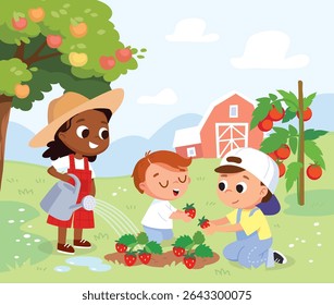 Children are taking care of strawberries, watering and picking them, on a farm in the countryside. In the garden, apple trees and tomatoes are growing, barn in the background. holidays  on rural farm