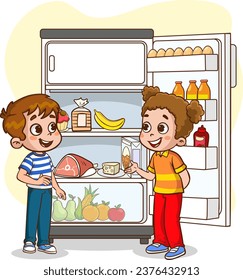 children taking food and drinks from the refrigerator