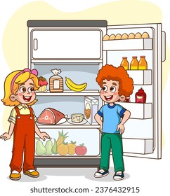 children taking food and drinks from the refrigerator