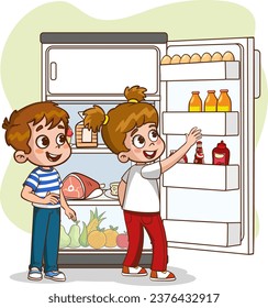 children taking food and drinks from the refrigerator