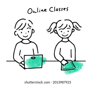 Children taking online classes simple illustration