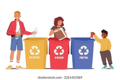 Niños que participan en el proceso de reciclaje clasificando desechos en cubos de basura para proteger el medio ambiente de plástico, papel o metal. Cambio Positivo Para El Concepto Futuro. Ilustración de vectores de personas de caricatura