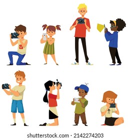 Children taking photo shoot with cameras, flat cartoon vector illustration isolated on white background. Little kids photographers cartoon characters set.