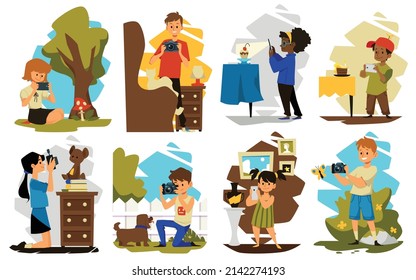 Children taking pictures with camera and mobile phone, flat vector illustration isolated on white background. Set of cartoon characters of kids photographing nature and objects.