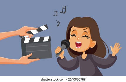 
Children Talent Show Broadcasting Live On Television Vector Cartoon. Child Sensing On Stage In A Televised Musical Competition
