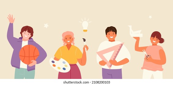 Children talents and creativity. School children with different hobbies. School, kindergarten, development and education