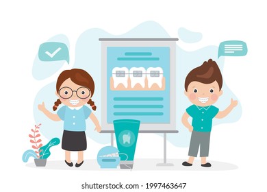 Children talk about braces system. Teenagers smile and show thumbs up. Boy and girl talk about benefits of braces. Concept of orthodontic treatment, dental presentation. Flat vector illustration