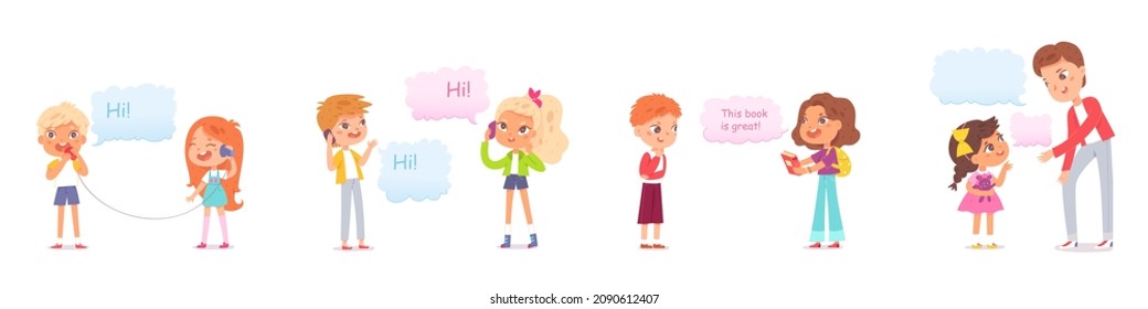 Juego de conversaciones para niños, conversación de diálogo de dos niños o ilustración de vector primaria y secundaria. Caricatura personajes de una chica linda se comunican, charla en burbujas de voz, comunicación aislada en blanco