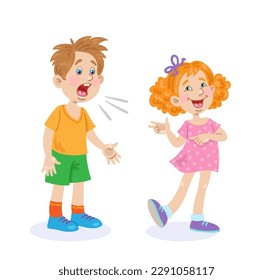 Los niños están hablando. Chica alegre y niño enojado. Al estilo de las caricaturas. Aislado sobre fondo blanco. Ilustración vectorial.