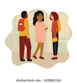 Children talking to each other. Pupils of elementary school communicating. Flat vector illustration. Back to school concept.
