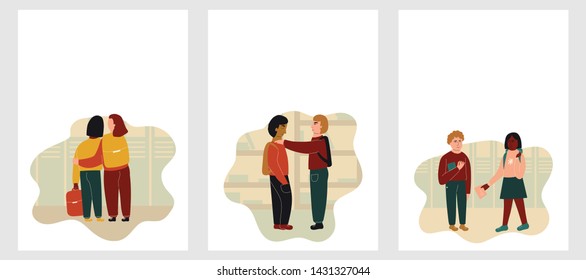 Children talking. Postcards or posters with space for text. Back to school concept. Flat vector illustration.