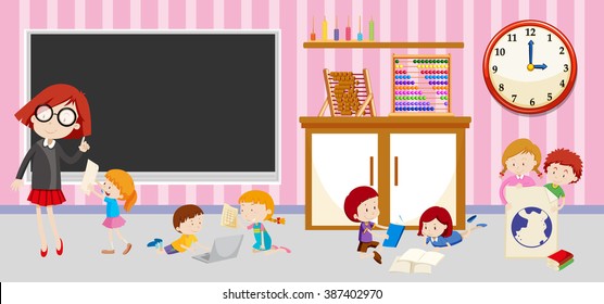 Children and teacher in classroom illustration