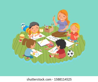 Children Teacher Drawing Kindergarten Children Toys Stock Vector ...