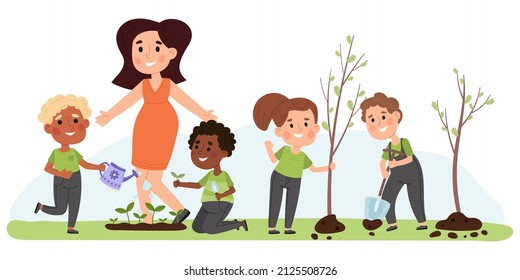 Jardinería infantil y docente, plantando verduras y árboles. Los niños aprenden a amar y a cuidar la ilustración vectorial de la naturaleza. Niños plantando árboles, regando salchichas con lata, cavando