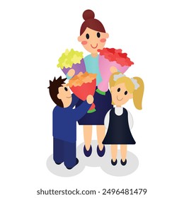 
Children and teacher. Holiday. First of September. Day of Knowledge. Vector.