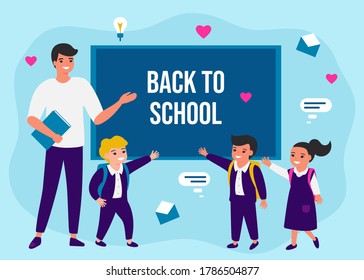 Children and teacher man in class at chalkboard. Back to school concept. Learning and education of boys and girls. Vector flat illustration