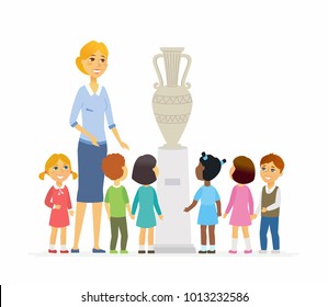 Children with teacher in museum - cartoon people characters isolated illustration on white background. Young smiling kindergarten teacher shows kids a specimen. Childhood development concept