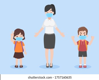 Children and teacher in new normal life wearing a face mask for prevent coronavirus, Back to school concept.