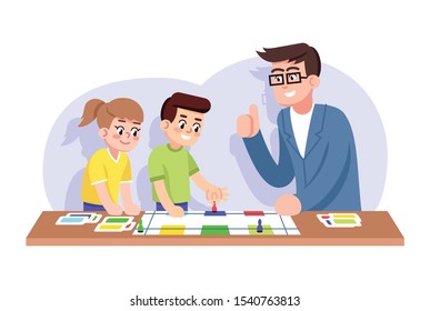 Children And Teacher Play Educational Board Game Flat Vector Illustration. Interest Club For Kids. Leisure Together. Happy Childhood. Boy, Girl And Father At Gameboard Cartoon Characters