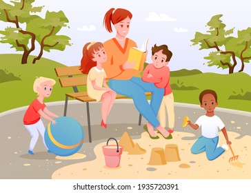 Children and teacher read book together, boy girl child playing in sandbox and with ball